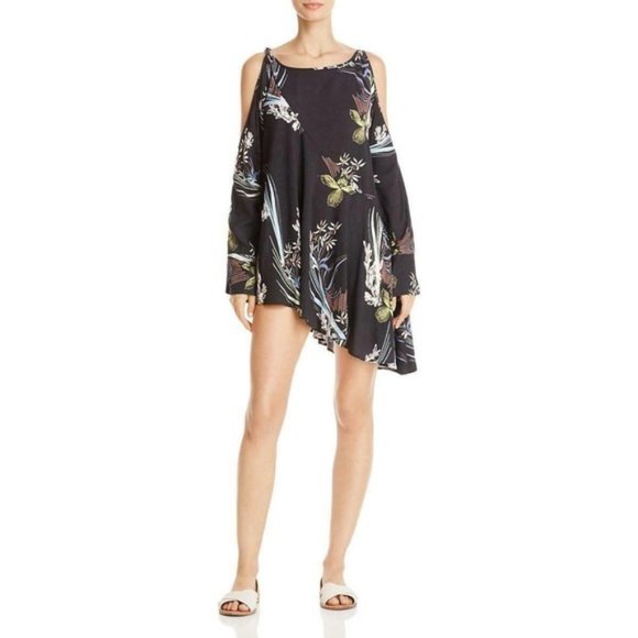 Free People oversized floral cold shoulder top tunic in navy blue size medium. - Picture 1 of 8